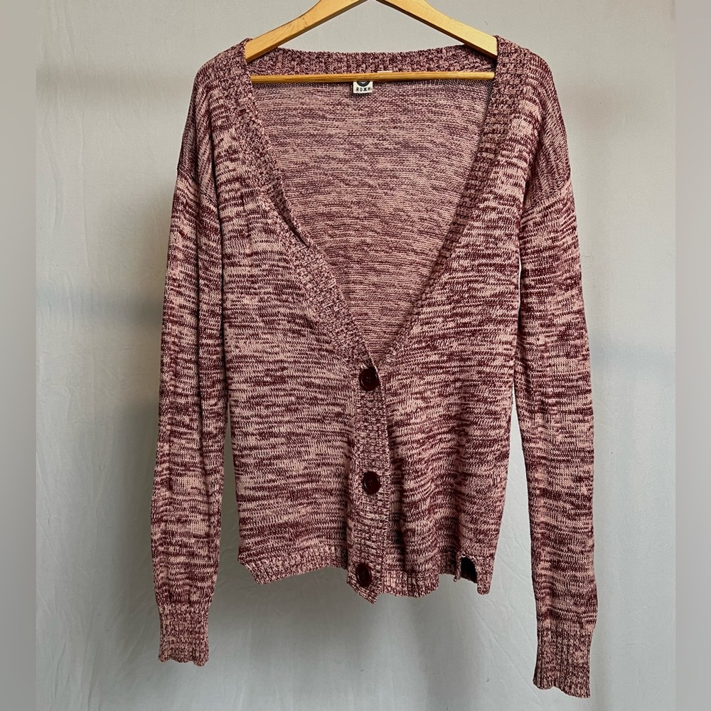 long roxy red and white cardigan with buttons